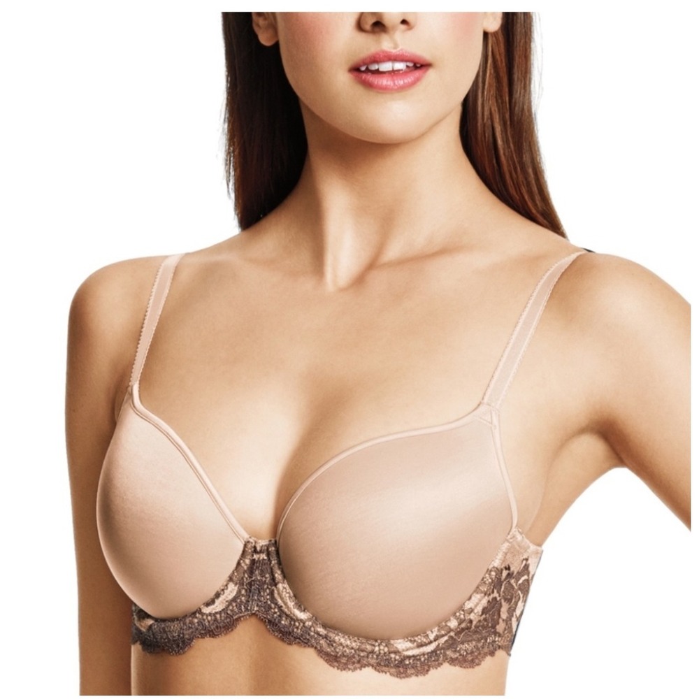 Wacoal Instant Icon TShirt Bra Beige 32D Lace Trim Underwire Full Coverage
